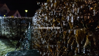 Gefrorenes Löschwasser an einer naheliegenden Hecke.